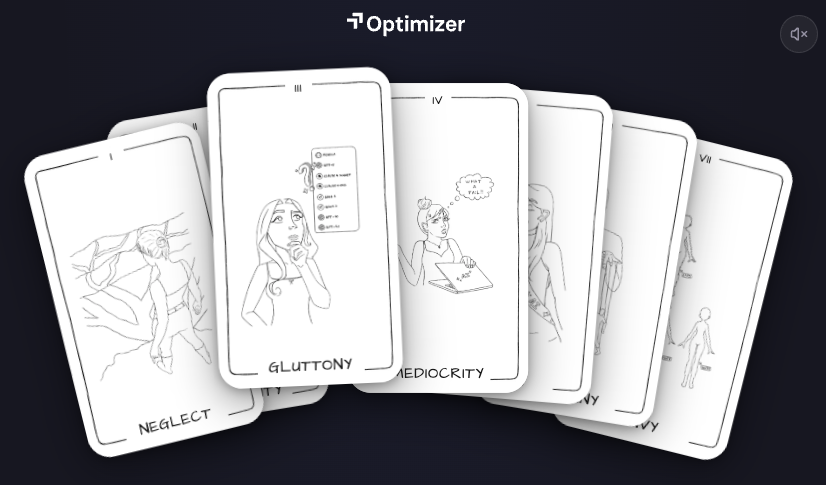 The 7 Sins of AI card deck showing illustrated cards for Neglect, Gluttony, Mediocrity and other AI design anti-patterns