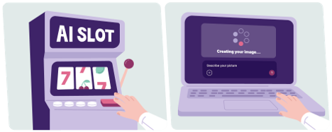 Illustration of an AI slot machine interface and a laptop generating an image, representing the variable-reward mechanics in generative AI products
